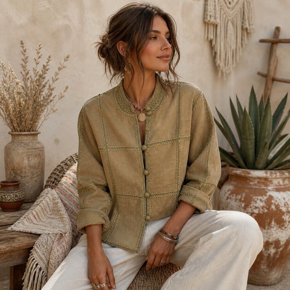 Vintage SMH Boutique Suede Leather Crochet Patchwork Jacket M 90s Boho Statement